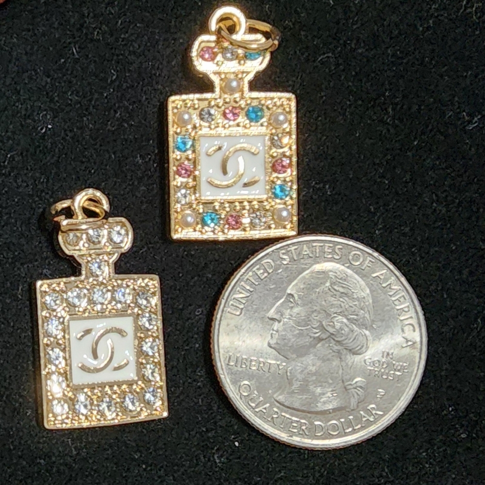 Two Gold-Tone Upcycled Perfume Bottle Charm Pendants Multicolor/ Crystal Stones